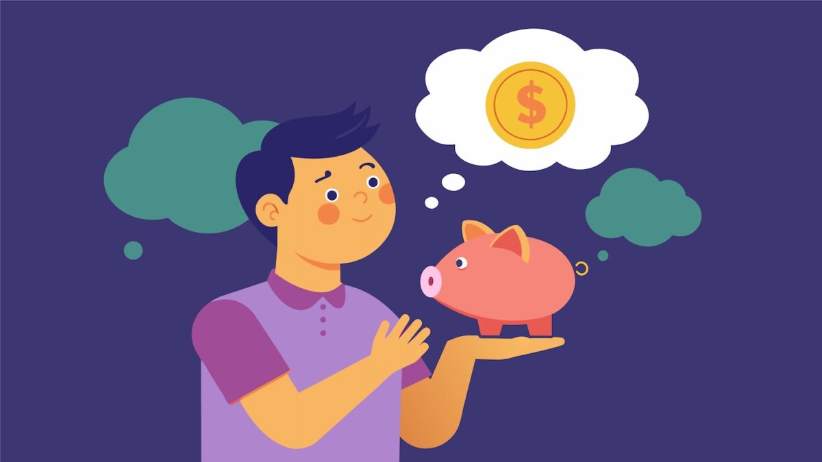 Illustration of a person holding a piggy bank and thinking about savings, representing mindful spending for retirement planning.