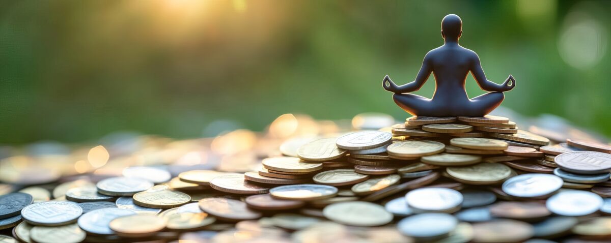 Meditative figure sitting on a pile of coins, symbolizing the balance between financial well-being and mental health.