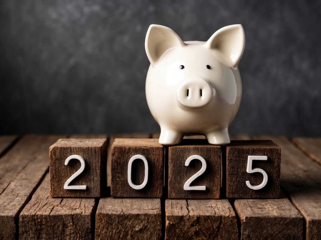 White piggy bank on wooden blocks displaying "2025," symbolizing financial planning, budgeting, and goal setting for the new year.